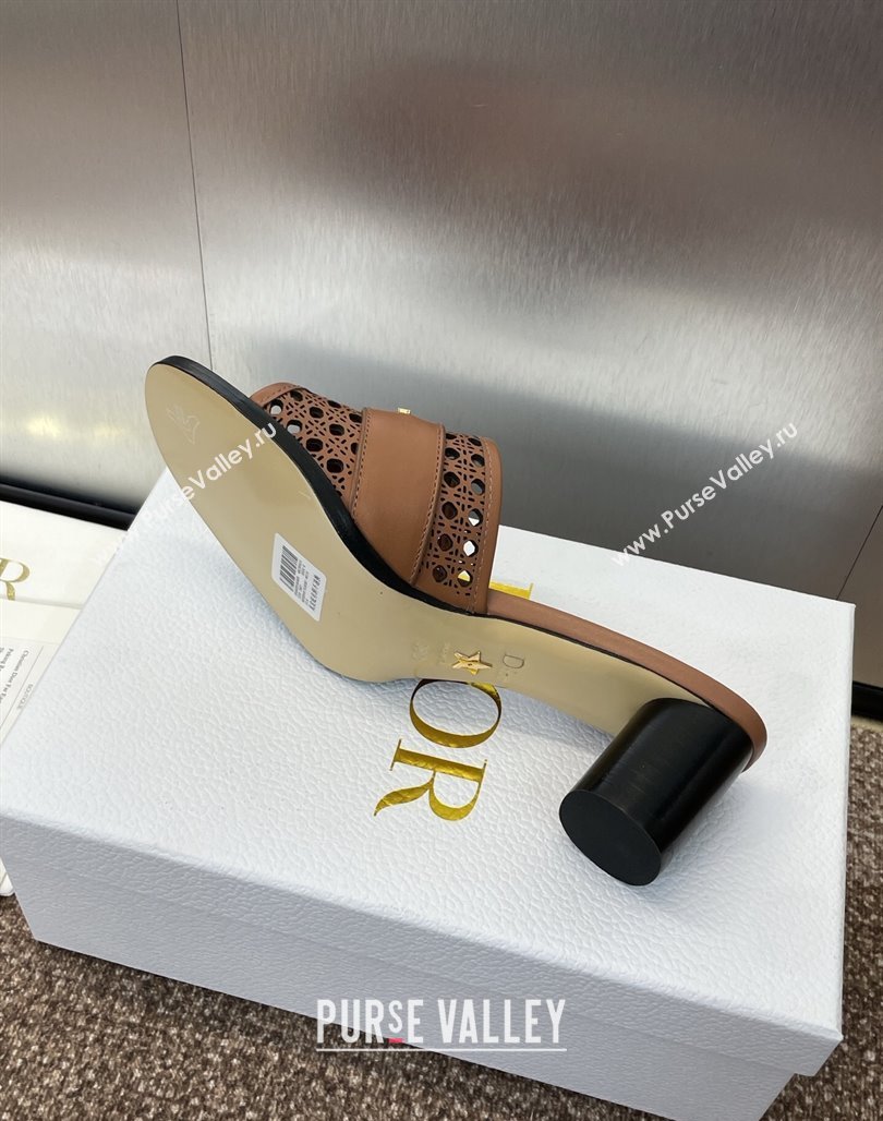 Dior D-Lane Heeled Slides Sandal 5.5cm in Calfskin with Openwork Microcannage Motif Brown 2025 (MD-250425031)