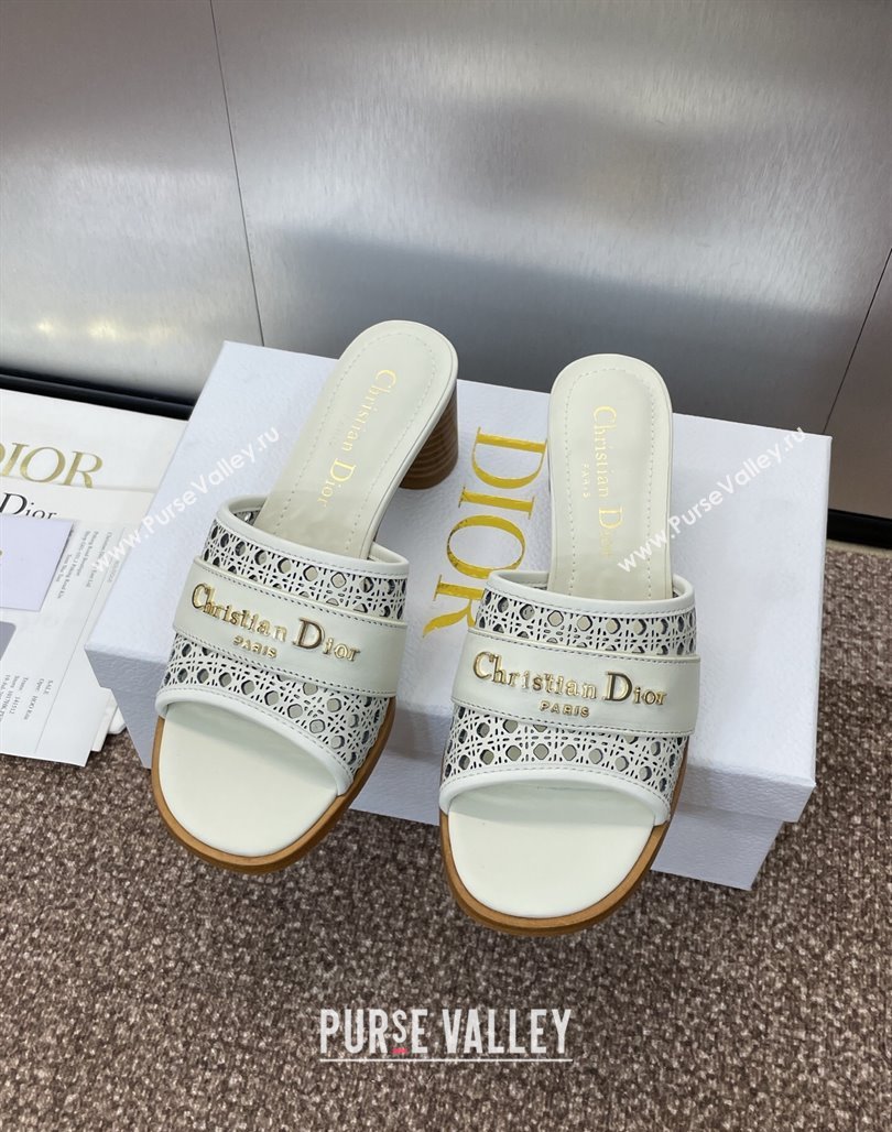 Dior D-Lane Heeled Slides Sandal 5.5cm in Calfskin with Openwork Microcannage Motif White 2025 (MD-250425032)