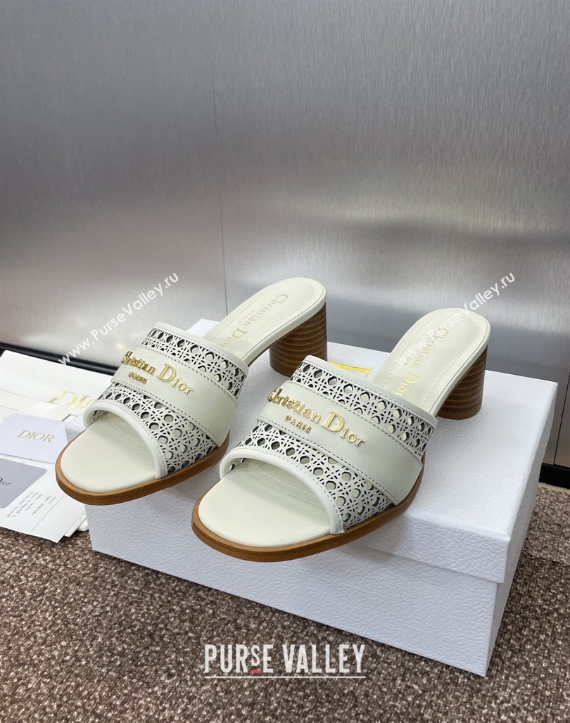 Dior D-Lane Heeled Slides Sandal 5.5cm in Calfskin with Openwork Microcannage Motif White 2025 (MD-250425032)