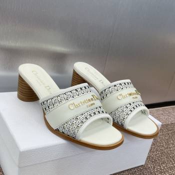 Dior D-Lane Heeled Slides Sandal 5.5cm in Calfskin with Openwork Microcannage Motif White 2025 (MD-250425032)