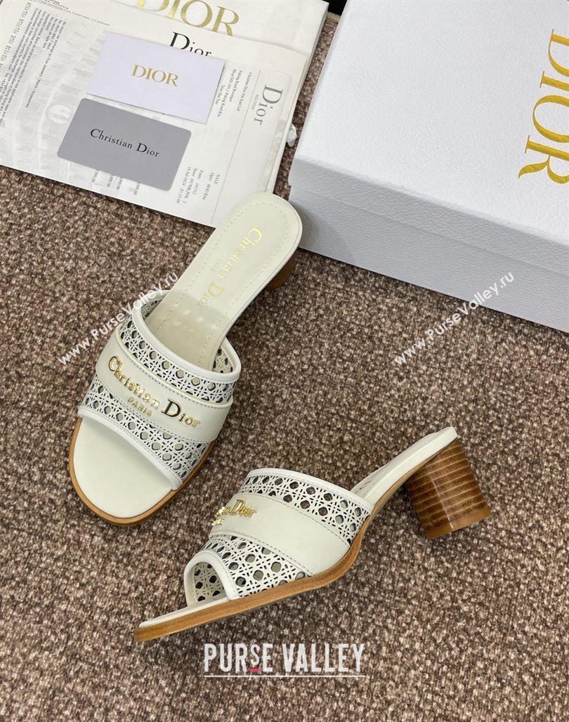 Dior D-Lane Heeled Slides Sandal 5.5cm in Calfskin with Openwork Microcannage Motif White 2025 (MD-250425032)