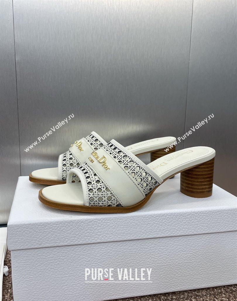 Dior D-Lane Heeled Slides Sandal 5.5cm in Calfskin with Openwork Microcannage Motif White 2025 (MD-250425032)