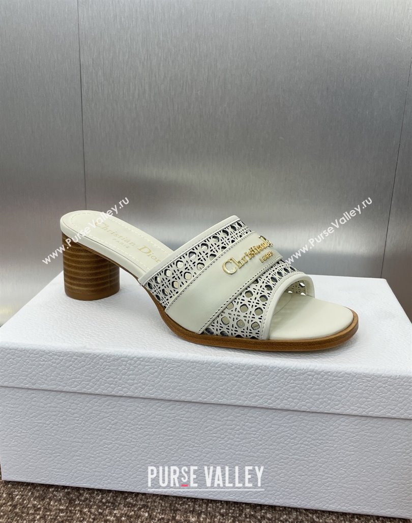 Dior D-Lane Heeled Slides Sandal 5.5cm in Calfskin with Openwork Microcannage Motif White 2025 (MD-250425032)