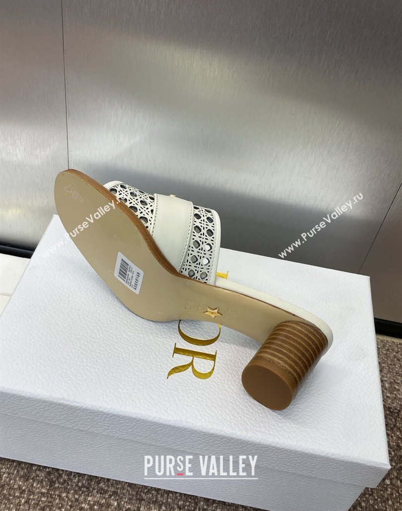 Dior D-Lane Heeled Slides Sandal 5.5cm in Calfskin with Openwork Microcannage Motif White 2025 (MD-250425032)