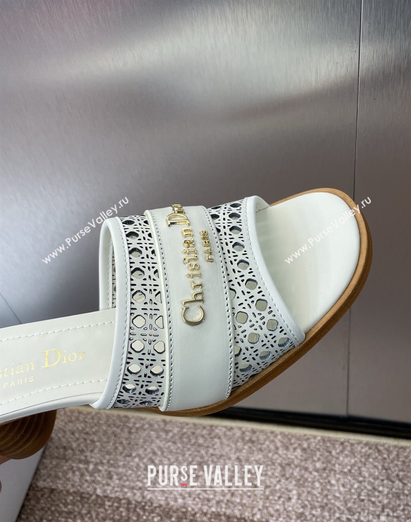 Dior D-Lane Heeled Slides Sandal 5.5cm in Calfskin with Openwork Microcannage Motif White 2025 (MD-250425032)