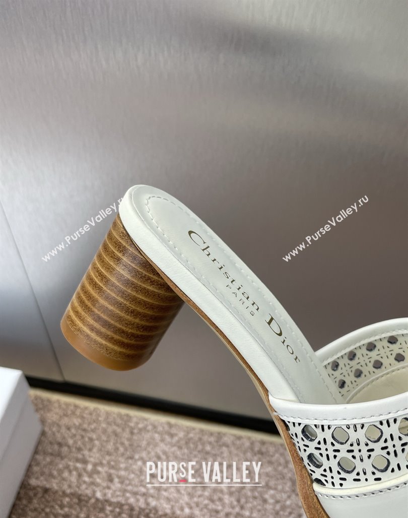 Dior D-Lane Heeled Slides Sandal 5.5cm in Calfskin with Openwork Microcannage Motif White 2025 (MD-250425032)