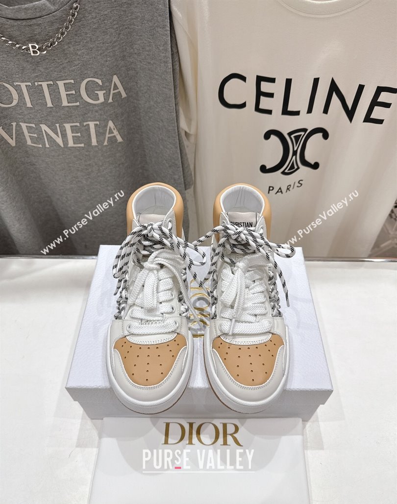 Dior First High-Top Sneakers in Apricot and White Calfskin with Two-Tone Laces 2025 (MD-250425009)