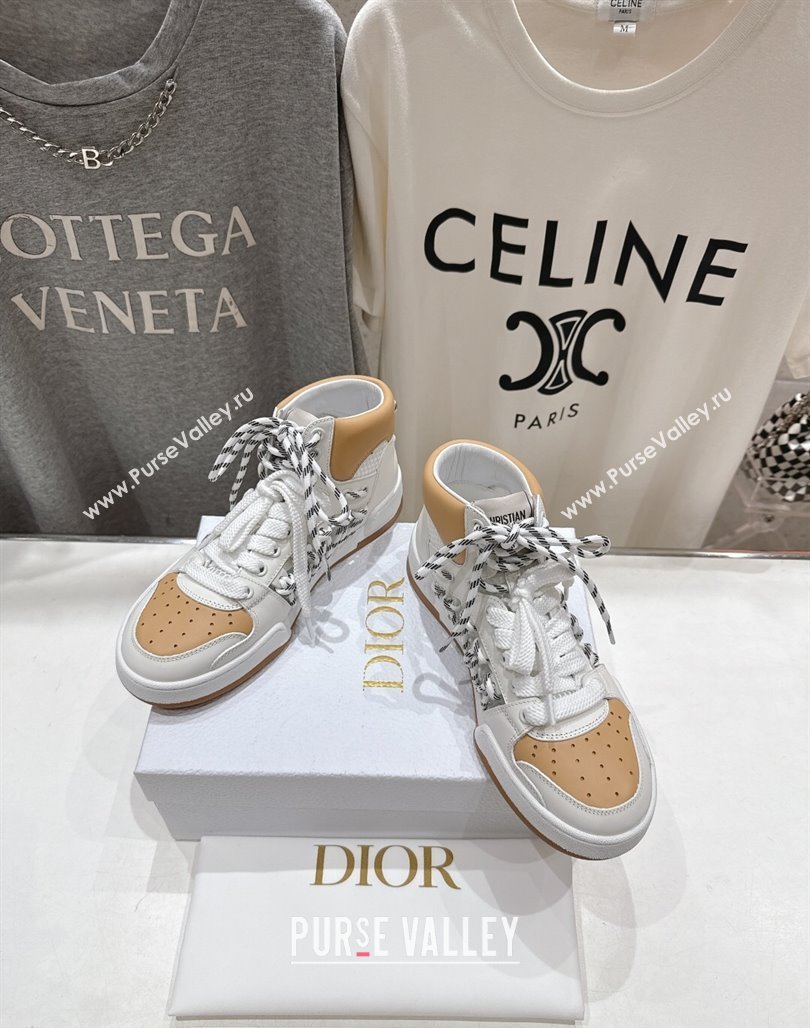 Dior First High-Top Sneakers in Apricot and White Calfskin with Two-Tone Laces 2025 (MD-250425009)
