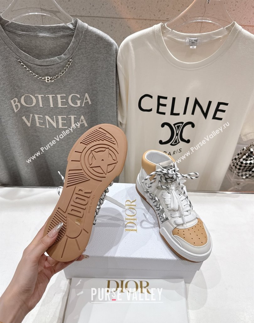 Dior First High-Top Sneakers in Apricot and White Calfskin with Two-Tone Laces 2025 (MD-250425009)