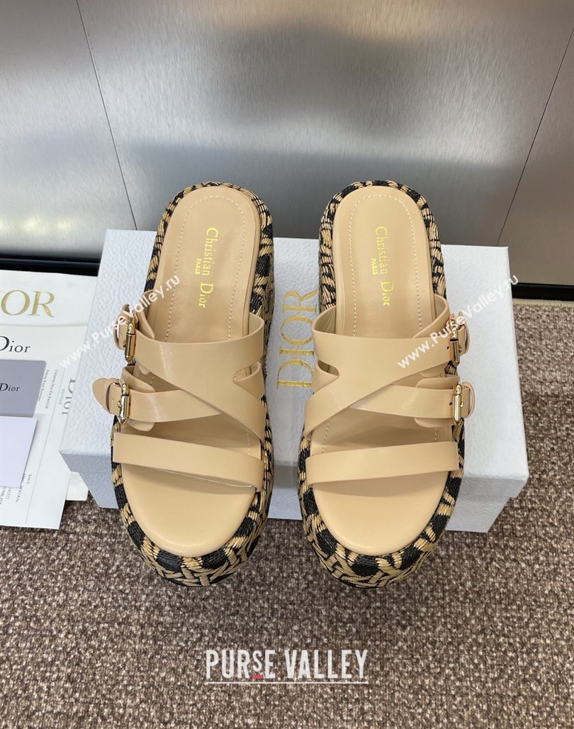 Dior LAmazone Wedge Slides Sandal 6cm in Calfskin and Graphic Cannage Straw with Buckle Beige 2025 (MD-250425033)