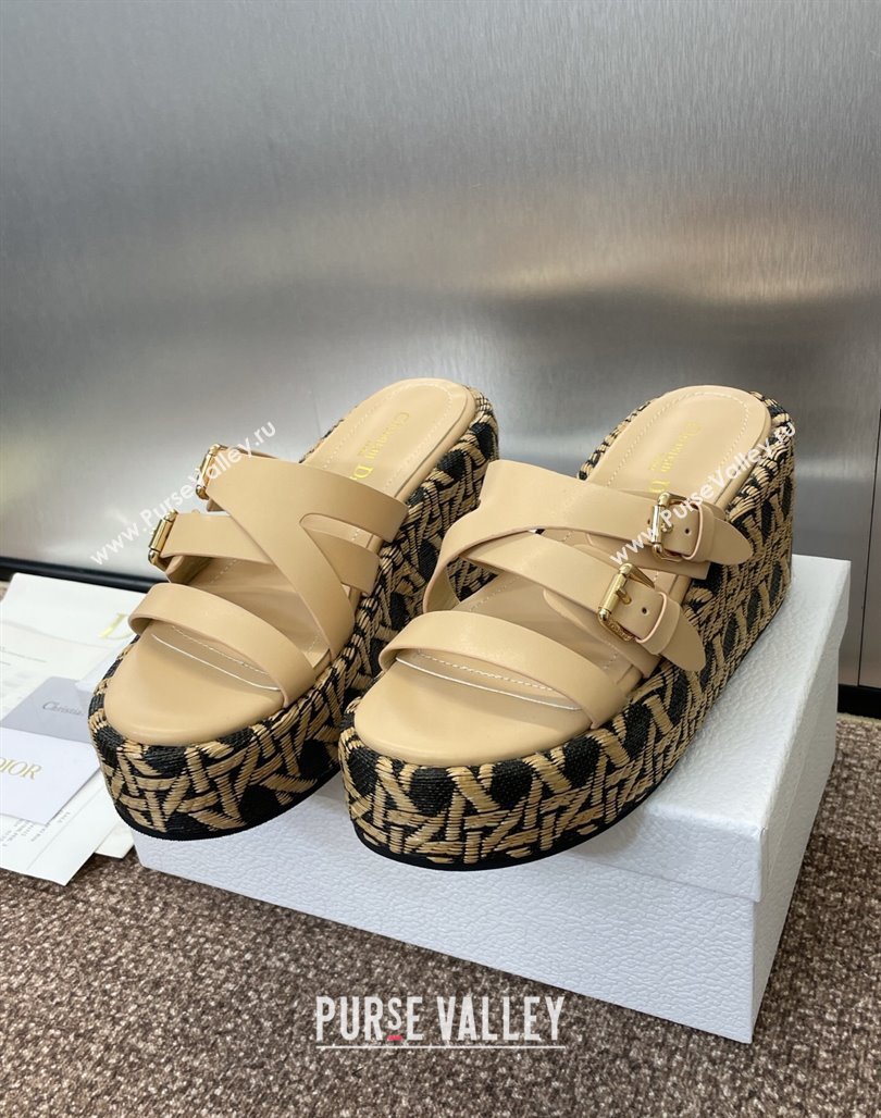 Dior LAmazone Wedge Slides Sandal 6cm in Calfskin and Graphic Cannage Straw with Buckle Beige 2025 (MD-250425033)