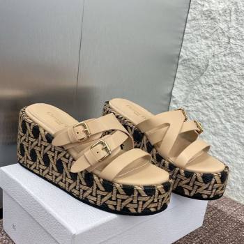 Dior LAmazone Wedge Slides Sandal 6cm in Calfskin and Graphic Cannage Straw with Buckle Beige 2025 (MD-250425033)