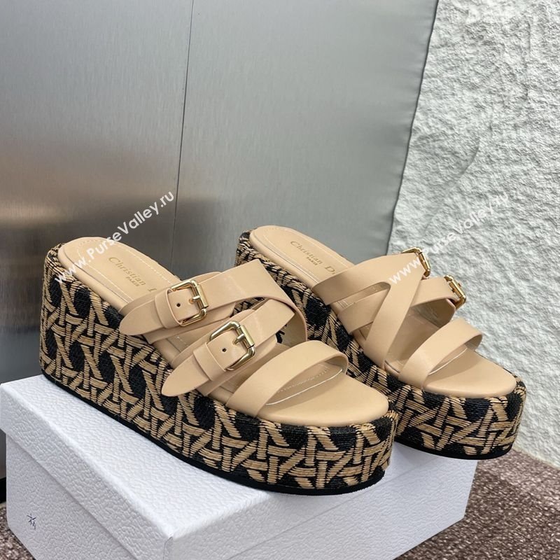 Dior LAmazone Wedge Slides Sandal 6cm in Calfskin and Graphic Cannage Straw with Buckle Beige 2025 (MD-250425033)