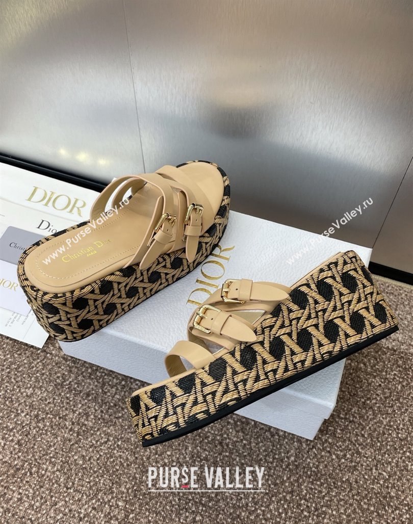 Dior LAmazone Wedge Slides Sandal 6cm in Calfskin and Graphic Cannage Straw with Buckle Beige 2025 (MD-250425033)