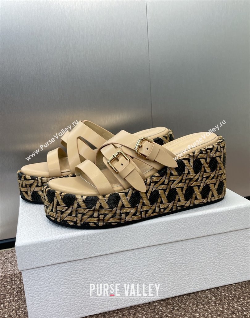 Dior LAmazone Wedge Slides Sandal 6cm in Calfskin and Graphic Cannage Straw with Buckle Beige 2025 (MD-250425033)