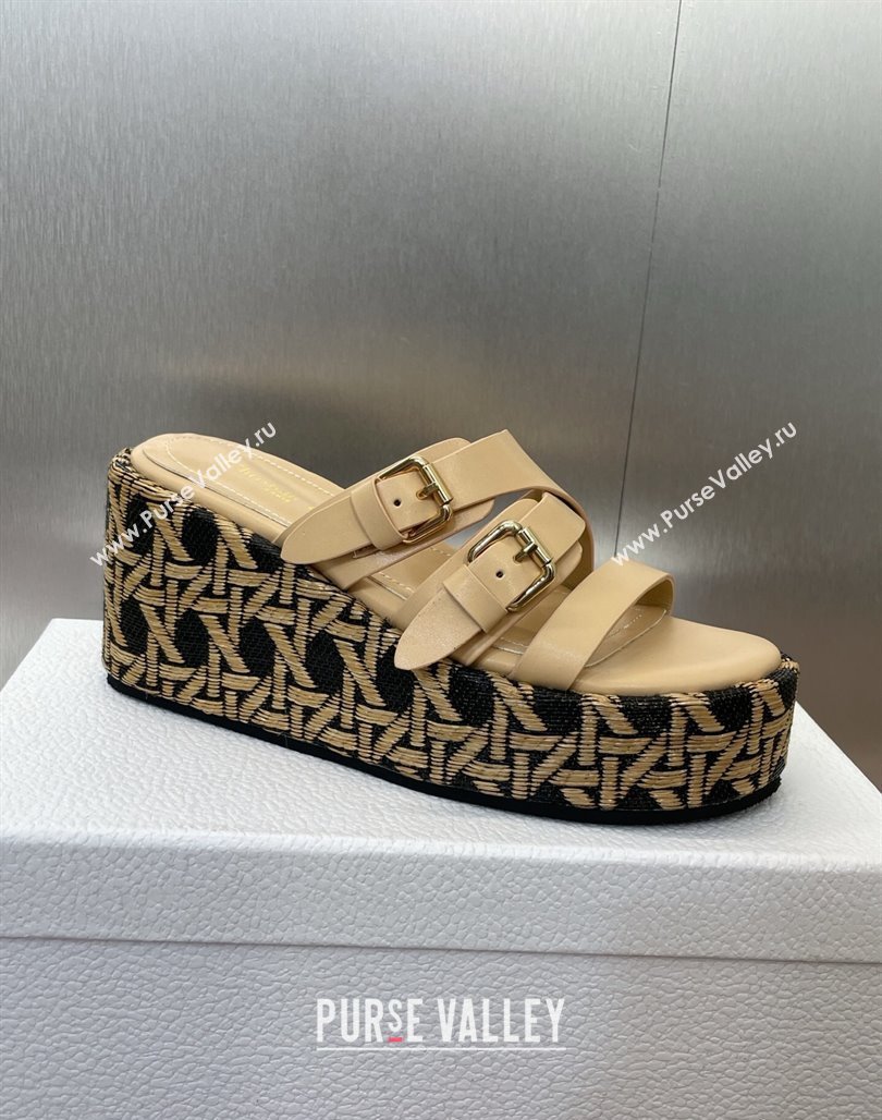 Dior LAmazone Wedge Slides Sandal 6cm in Calfskin and Graphic Cannage Straw with Buckle Beige 2025 (MD-250425033)