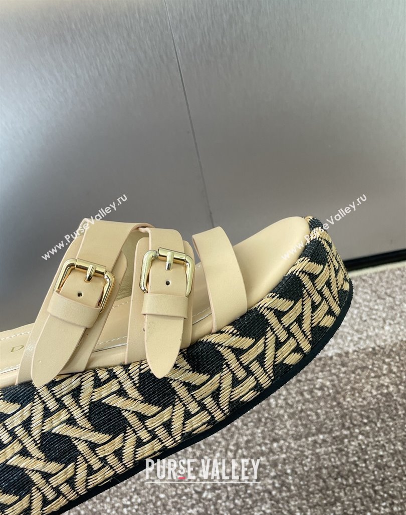 Dior LAmazone Wedge Slides Sandal 6cm in Calfskin and Graphic Cannage Straw with Buckle Beige 2025 (MD-250425033)
