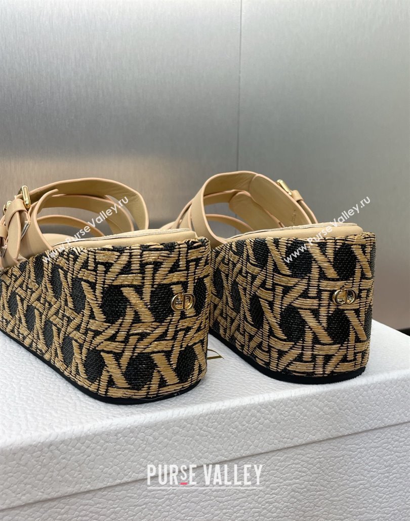 Dior LAmazone Wedge Slides Sandal 6cm in Calfskin and Graphic Cannage Straw with Buckle Beige 2025 (MD-250425033)