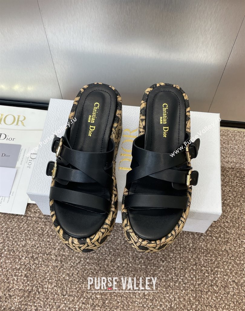 Dior LAmazone Wedge Slides Sandal 6cm in Calfskin and Graphic Cannage Straw with Buckle Black 2025 (MD-250425034)
