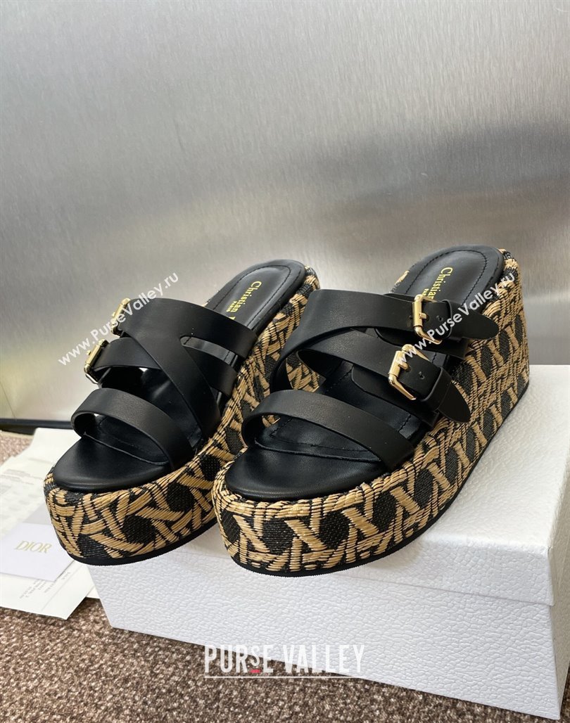 Dior LAmazone Wedge Slides Sandal 6cm in Calfskin and Graphic Cannage Straw with Buckle Black 2025 (MD-250425034)