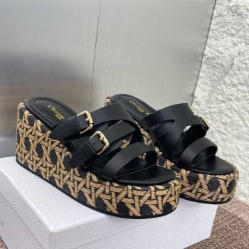 Dior LAmazone Wedge Slides Sandal 6cm in Calfskin and Graphic Cannage Straw with Buckle Black 2025 (MD-250425034)