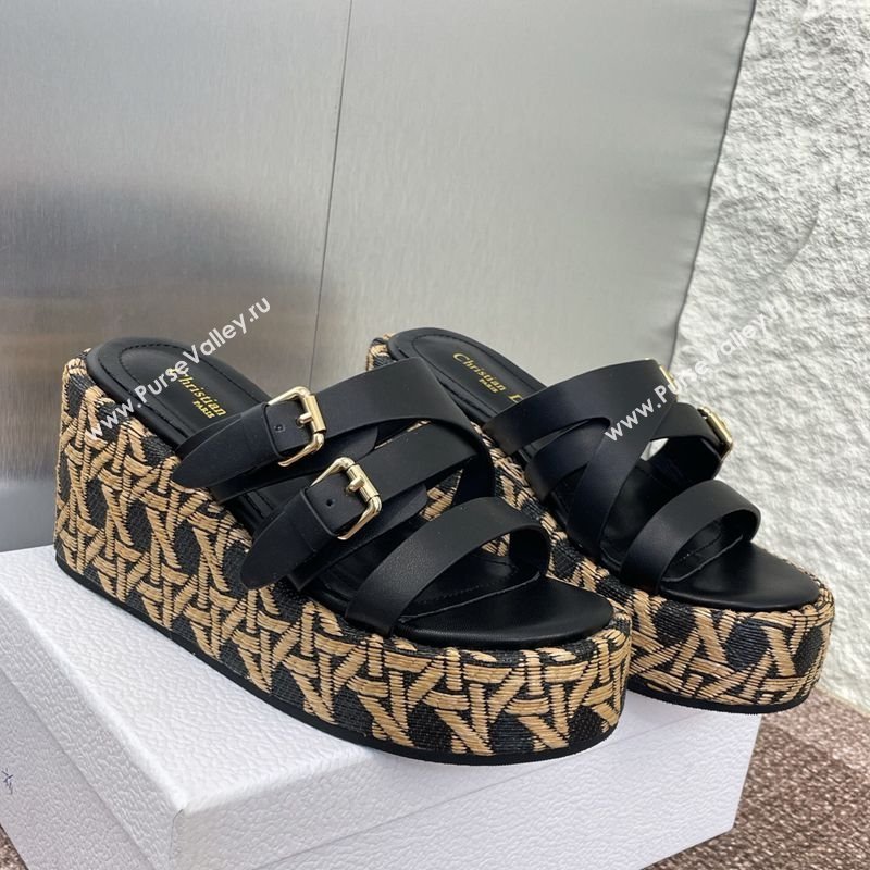 Dior LAmazone Wedge Slides Sandal 6cm in Calfskin and Graphic Cannage Straw with Buckle Black 2025 (MD-250425034)
