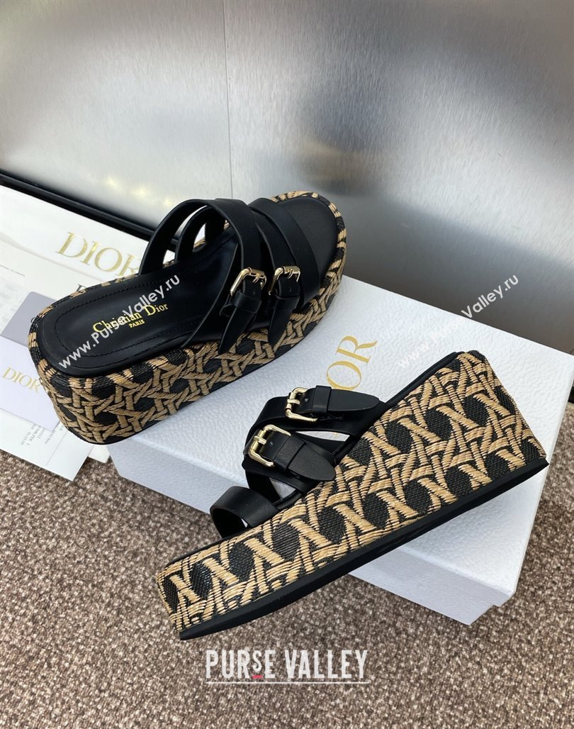 Dior LAmazone Wedge Slides Sandal 6cm in Calfskin and Graphic Cannage Straw with Buckle Black 2025 (MD-250425034)