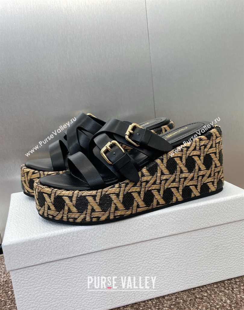 Dior LAmazone Wedge Slides Sandal 6cm in Calfskin and Graphic Cannage Straw with Buckle Black 2025 (MD-250425034)