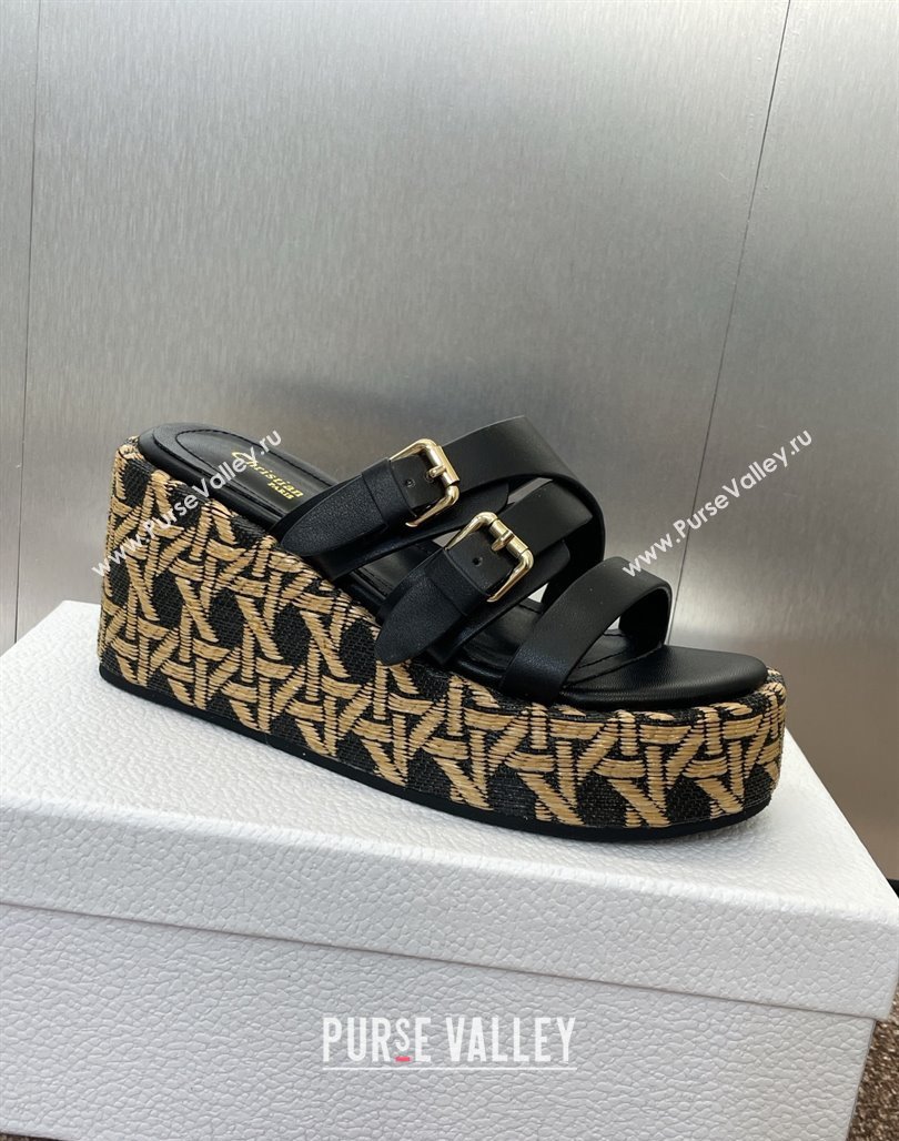 Dior LAmazone Wedge Slides Sandal 6cm in Calfskin and Graphic Cannage Straw with Buckle Black 2025 (MD-250425034)
