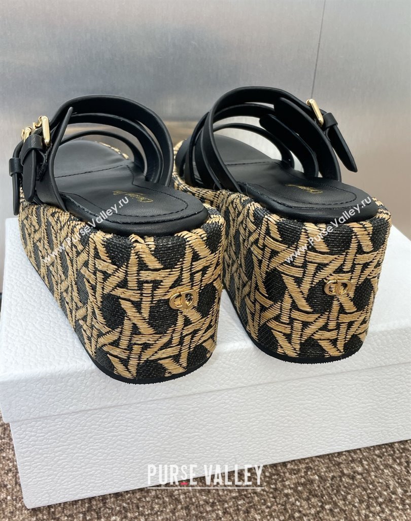 Dior LAmazone Wedge Slides Sandal 6cm in Calfskin and Graphic Cannage Straw with Buckle Black 2025 (MD-250425034)