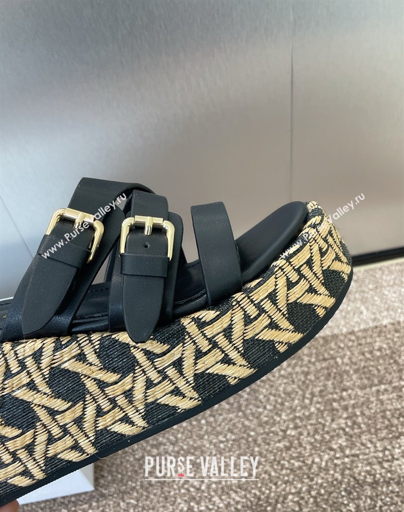 Dior LAmazone Wedge Slides Sandal 6cm in Calfskin and Graphic Cannage Straw with Buckle Black 2025 (MD-250425034)