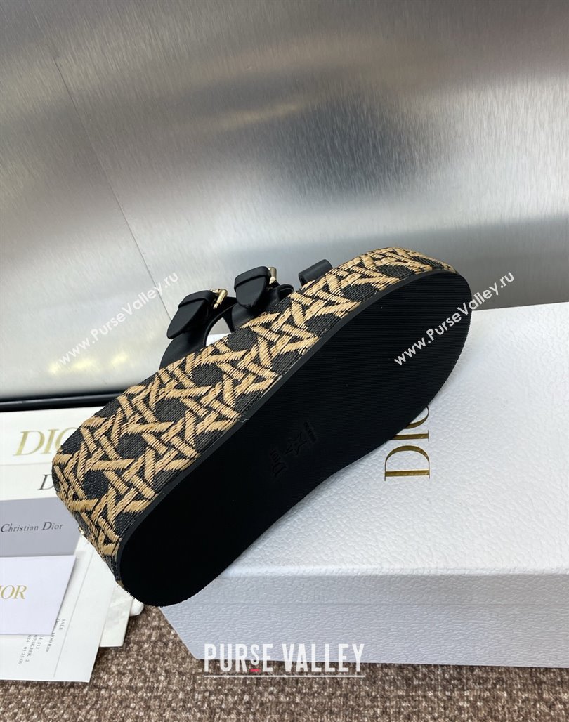 Dior LAmazone Wedge Slides Sandal 6cm in Calfskin and Graphic Cannage Straw with Buckle Black 2025 (MD-250425034)