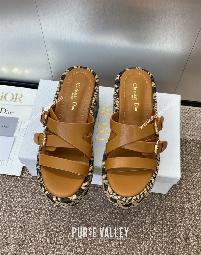 Dior LAmazone Wedge Slides Sandal 6cm in Calfskin and Graphic Cannage Straw with Buckle Brown 2025 (MD-250425035)
