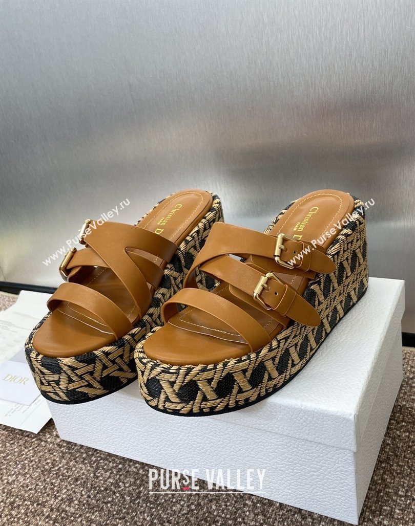 Dior LAmazone Wedge Slides Sandal 6cm in Calfskin and Graphic Cannage Straw with Buckle Brown 2025 (MD-250425035)