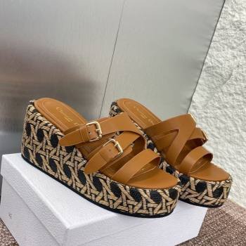 Dior LAmazone Wedge Slides Sandal 6cm in Calfskin and Graphic Cannage Straw with Buckle Brown 2025 (MD-250425035)