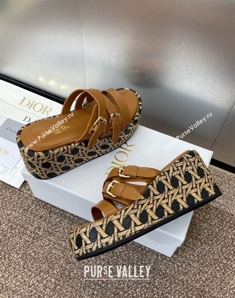 Dior LAmazone Wedge Slides Sandal 6cm in Calfskin and Graphic Cannage Straw with Buckle Brown 2025 (MD-250425035)
