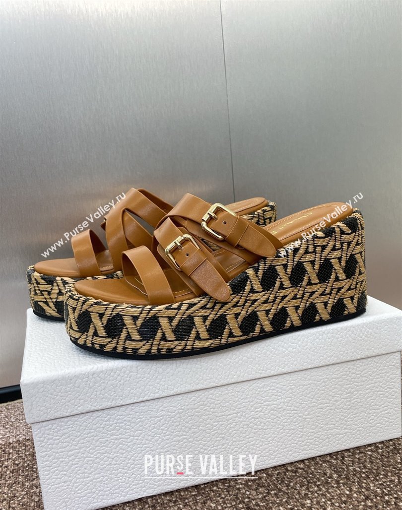 Dior LAmazone Wedge Slides Sandal 6cm in Calfskin and Graphic Cannage Straw with Buckle Brown 2025 (MD-250425035)