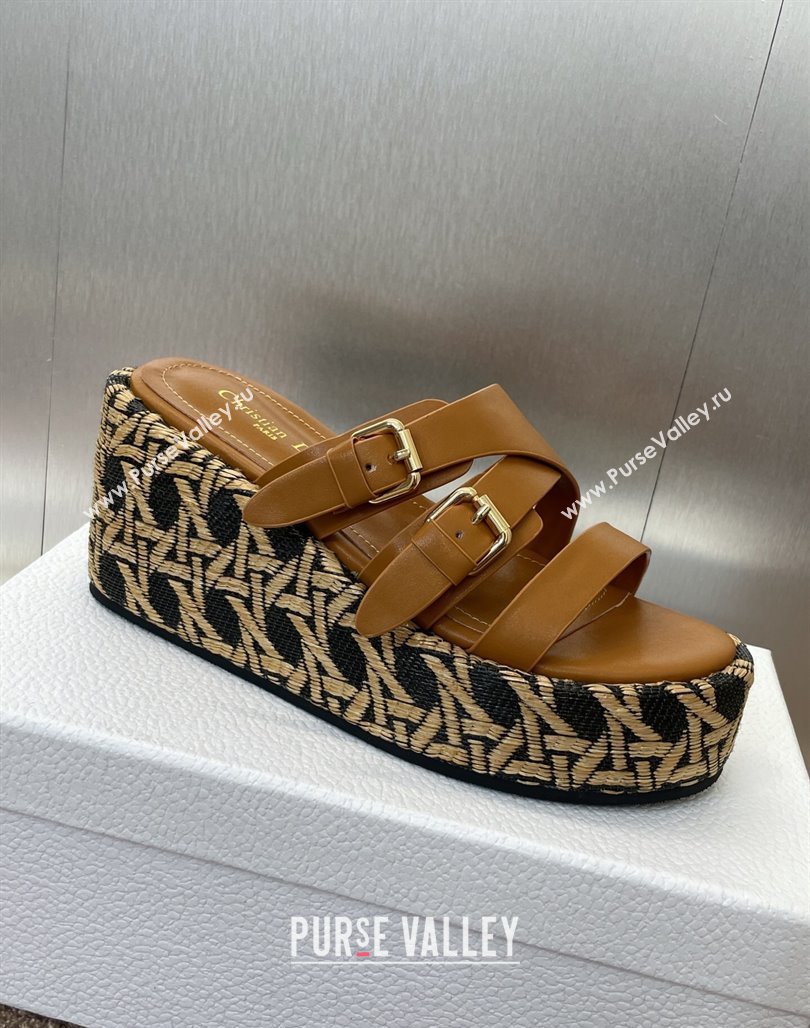 Dior LAmazone Wedge Slides Sandal 6cm in Calfskin and Graphic Cannage Straw with Buckle Brown 2025 (MD-250425035)