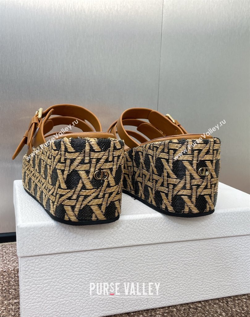 Dior LAmazone Wedge Slides Sandal 6cm in Calfskin and Graphic Cannage Straw with Buckle Brown 2025 (MD-250425035)
