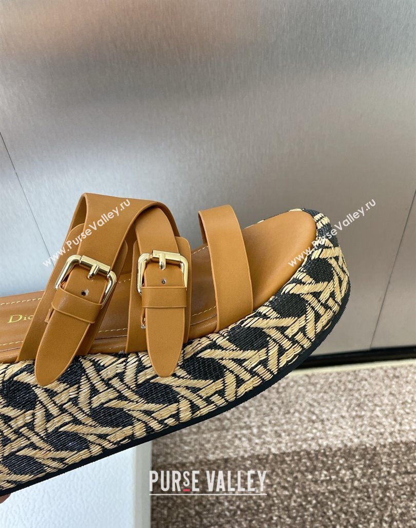 Dior LAmazone Wedge Slides Sandal 6cm in Calfskin and Graphic Cannage Straw with Buckle Brown 2025 (MD-250425035)