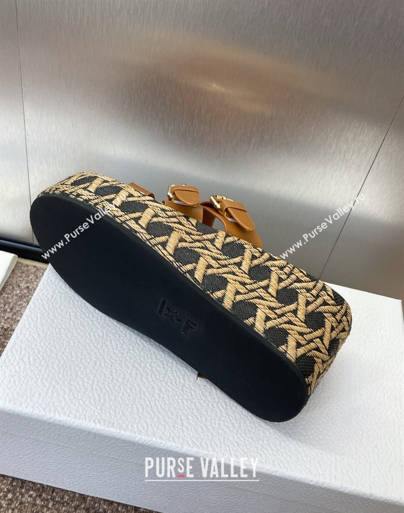 Dior LAmazone Wedge Slides Sandal 6cm in Calfskin and Graphic Cannage Straw with Buckle Brown 2025 (MD-250425035)