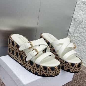 Dior LAmazone Wedge Slides Sandal 6cm in Calfskin and Graphic Cannage Straw with Buckle White 2025 (MD-250425036)