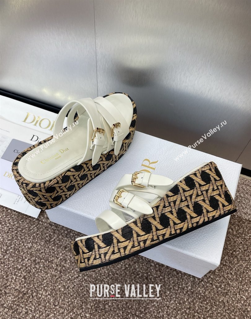 Dior LAmazone Wedge Slides Sandal 6cm in Calfskin and Graphic Cannage Straw with Buckle White 2025 (MD-250425036)