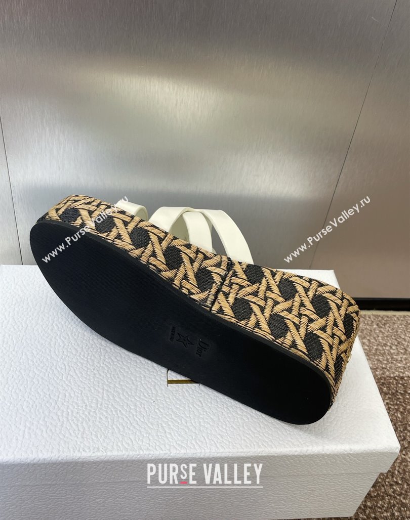 Dior LAmazone Wedge Slides Sandal 6cm in Calfskin and Graphic Cannage Straw with Buckle White 2025 (MD-250425036)