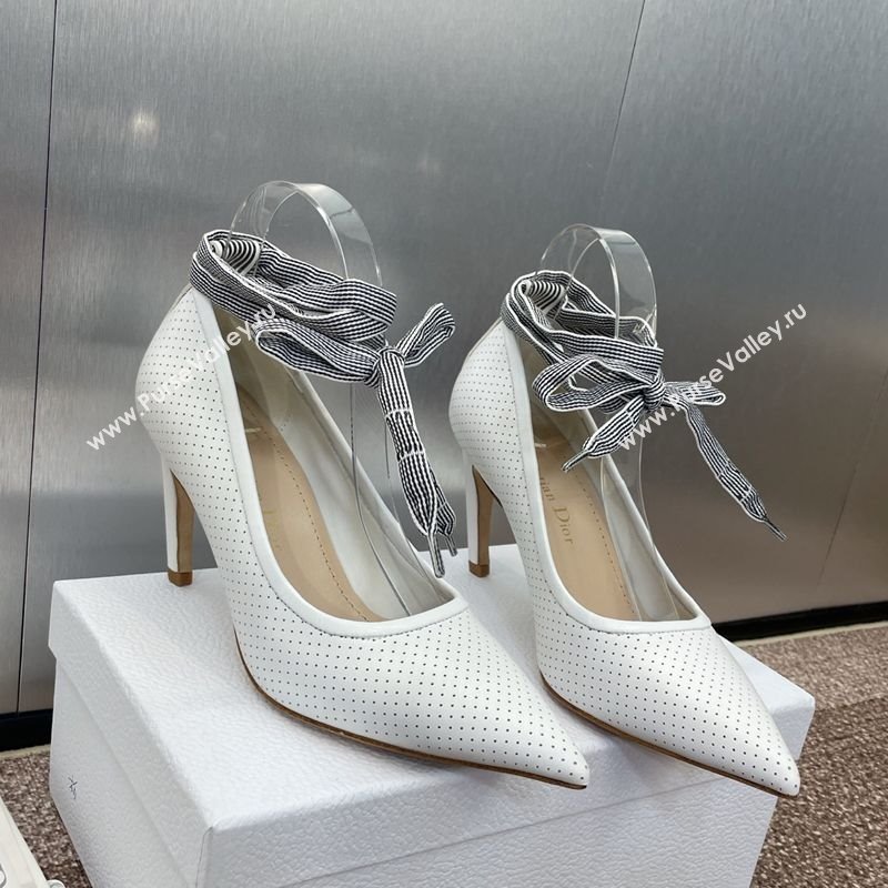 Dior D-Journey Lace-Up Pumps 7cm in Perforated Supple Lambskin with Lace White 2025 (MD-250425049)