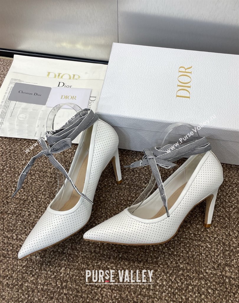 Dior D-Journey Lace-Up Pumps 7cm in Perforated Supple Lambskin with Lace White 2025 (MD-250425049)