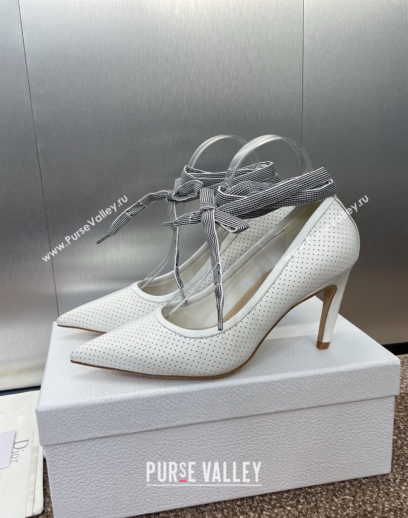 Dior D-Journey Lace-Up Pumps 7cm in Perforated Supple Lambskin with Lace White 2025 (MD-250425049)