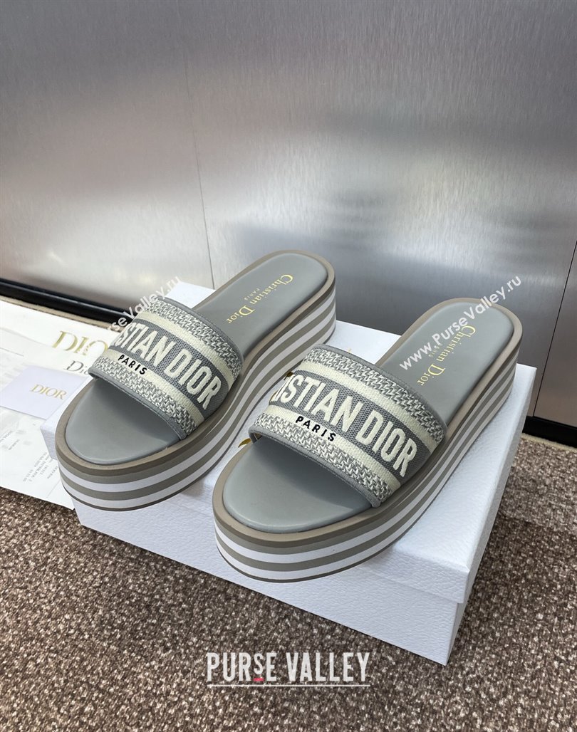 Dior Dway Striped Platform Slides Sandal 4cm in Embroidered Cotton Grey 2025 (MD-250425069)