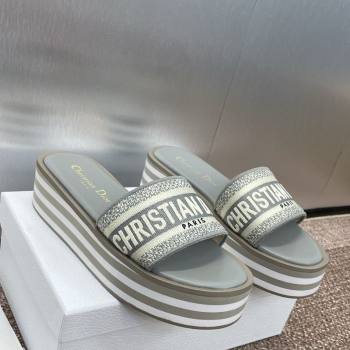 Dior Dway Striped Platform Slides Sandal 4cm in Embroidered Cotton Grey 2025 (MD-250425069)