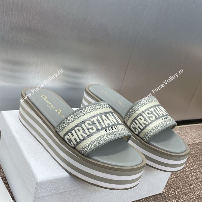 Dior Dway Striped Platform Slides Sandal 4cm in Embroidered Cotton Grey 2025 (MD-250425069)